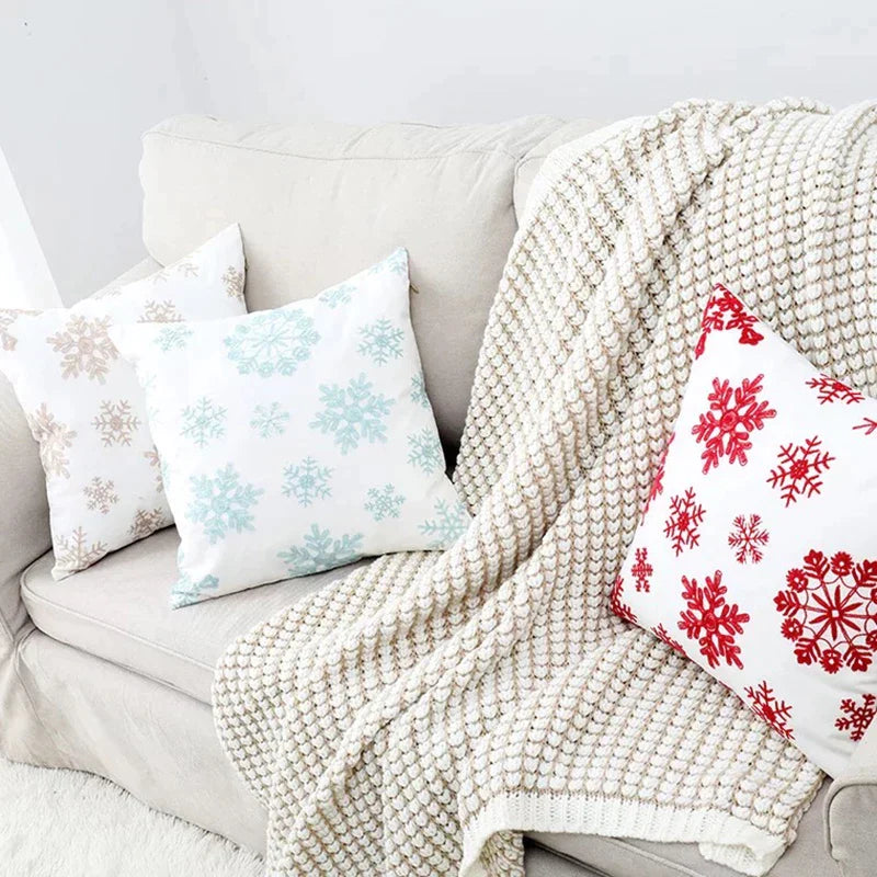 Afralia™ Snowflakes Embroidered Canvas Cotton Pillow Cover 45x45cm