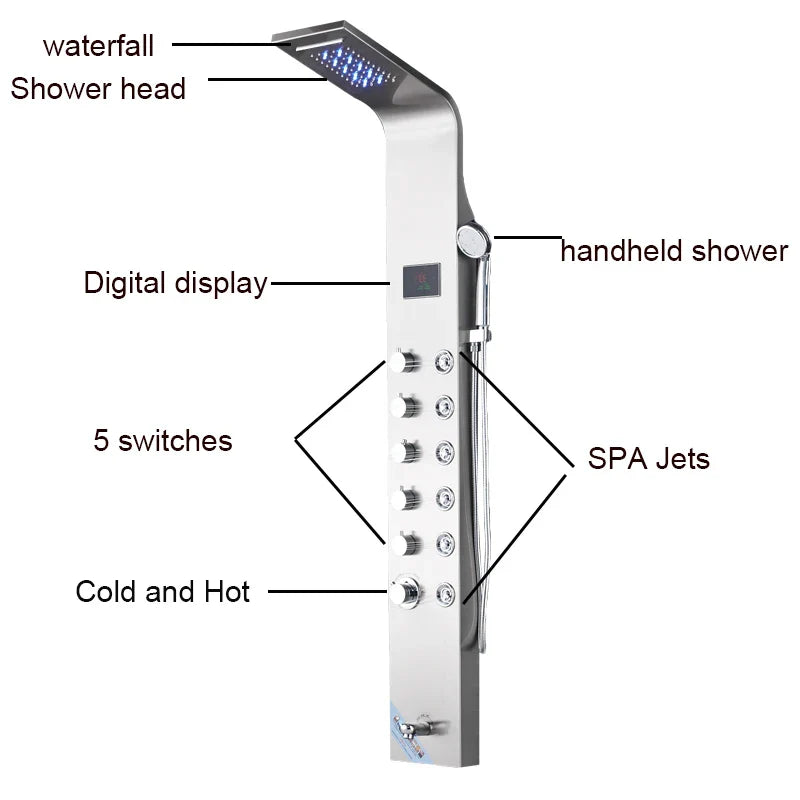 Afralia™ Spa Massage Jet Black LED Shower Panel with Waterfall Rainfall and Bidet Spray