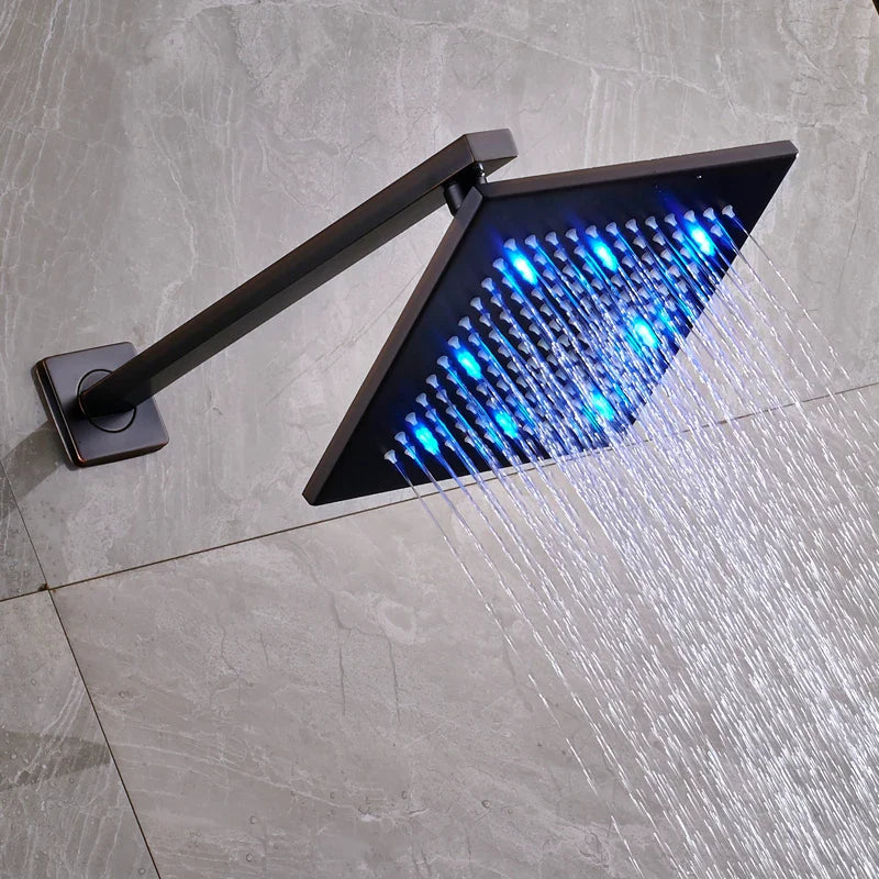 Afralia™ 8" Brass Square LED Rainfall Shower Head with Wall Mount Arm Pipe