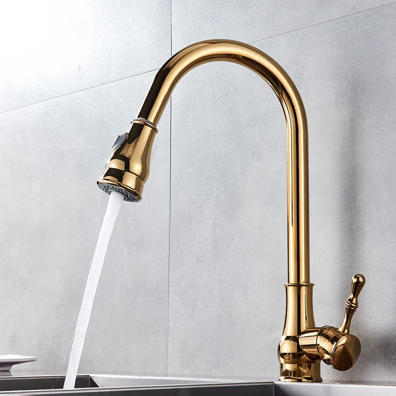 Afralia™ Gold Brass Kitchen Faucet Rotatable Mixer Tap Single Handle Hot&Cold Water