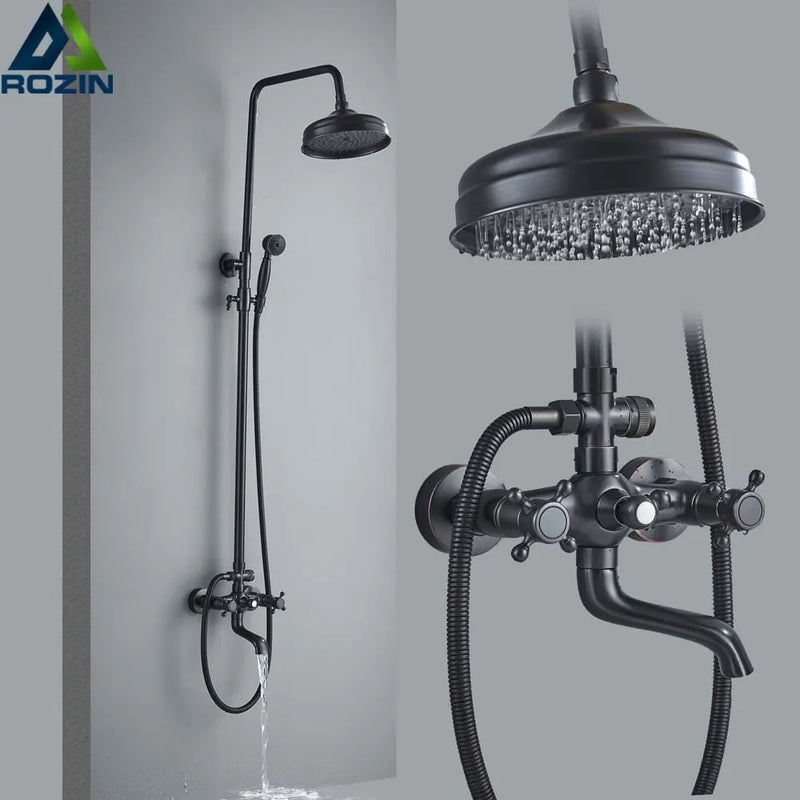 Afralia™ Black Brass Rainfall Shower Mixer Faucet Set with 8" Showerhead and Handshower