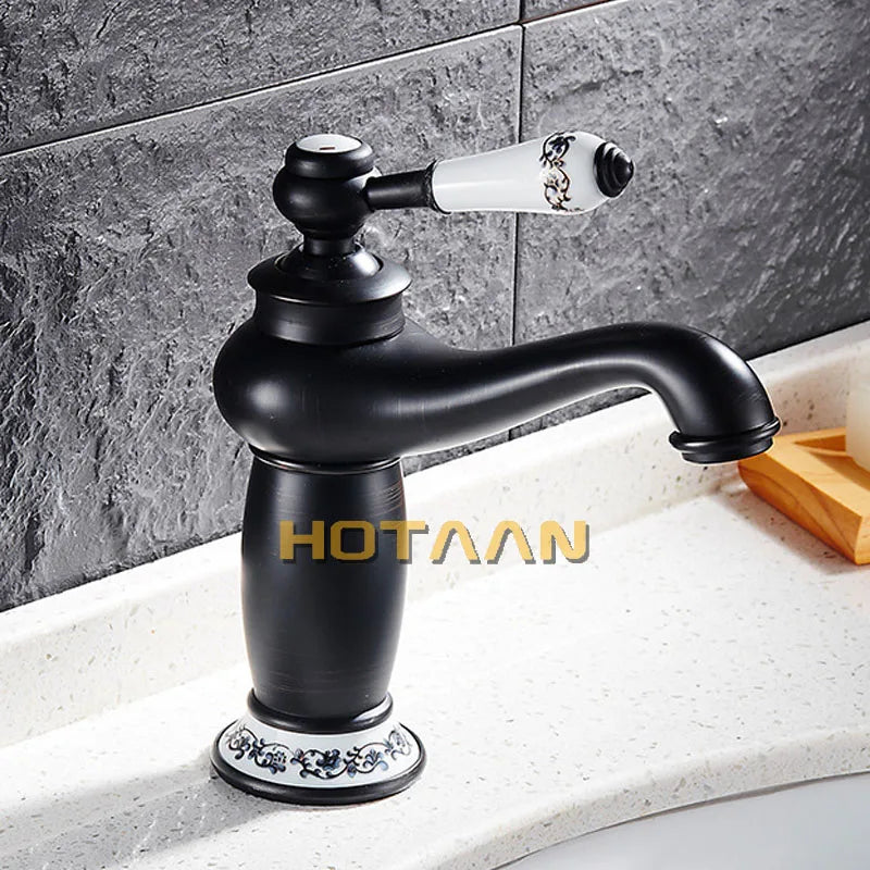 Afralia™ Black Brass Ceramics Bathroom Faucet Vintage Hot Cold Mixer Sink Tap