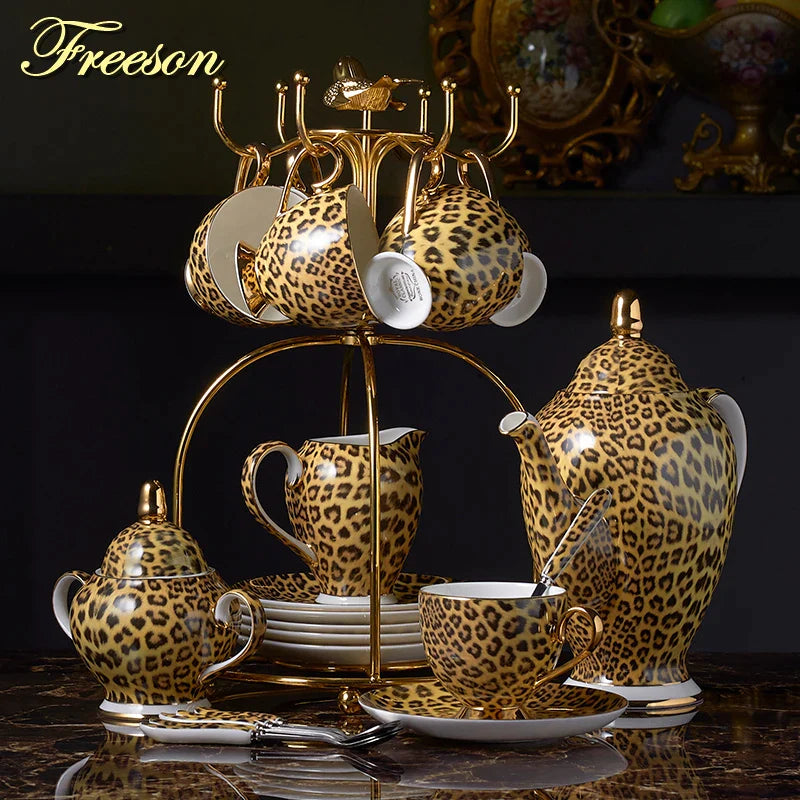 Afralia™ Leopard Print Bone China Coffee Set Tea Pot Cup Luxury Porcelain Drinkware