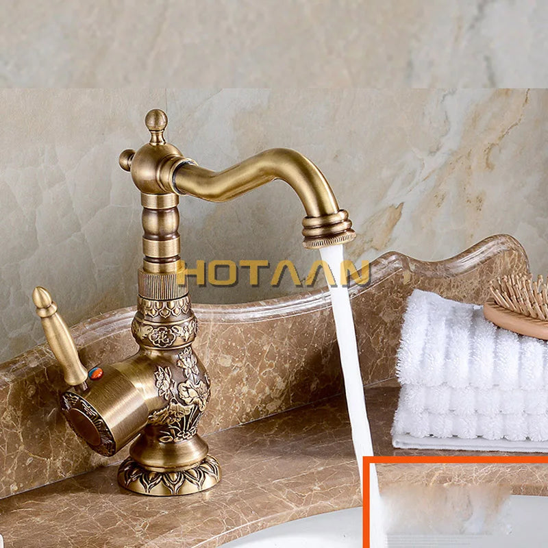 Afralia™ Antique Bronze Carving Kitchen Basin Faucet - Hot Cold Water Mixer Tap