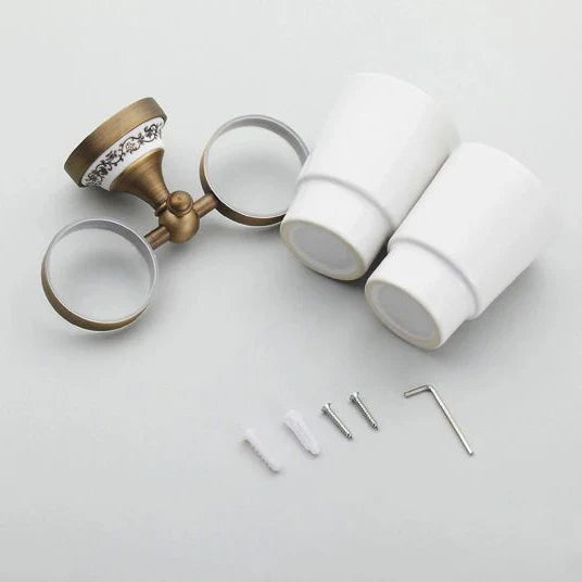 Afralia™ Brass Toothbrush Holder with 2 Cups Bathroom Accessories Wall Mounted Holder