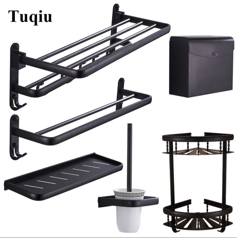 Black Bathroom Set: Afralia™ Space Aluminum Hardware Towel Rack, Paper Holder, Toilet Brush, Robe Hooks