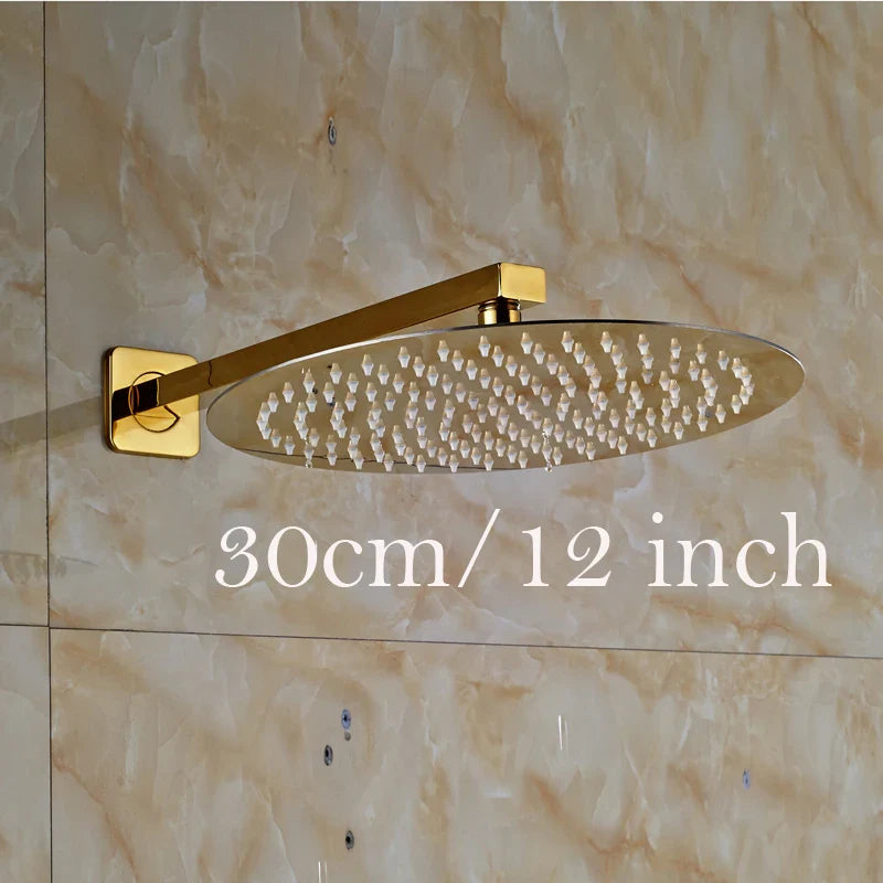 Afralia™ Golden Ultrathin Rainfall Shower Head Set with Wall Mount Brass Arm