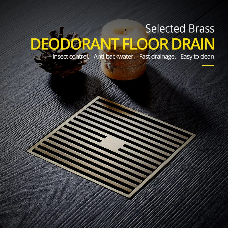 Afralia™ Antique Brass Square Bath Drain Strainer Hair Art Carved Floor Grate Drain