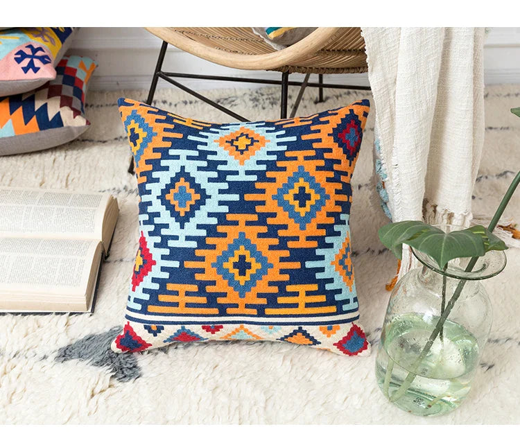 Afralia™ Embroidered Kilim Style Cushion Cover 45x45cm Canvas Cotton Pillow Square