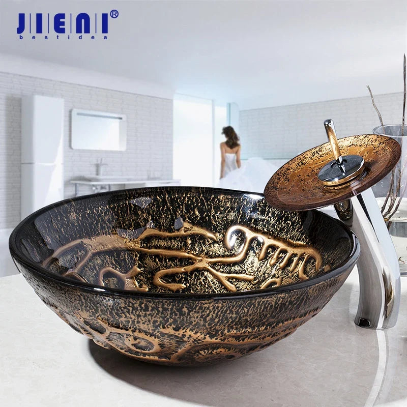 Afralia™ Brown Hand-Paint Glass Wash Basin Set with Gold Chrome Waterfall Faucet