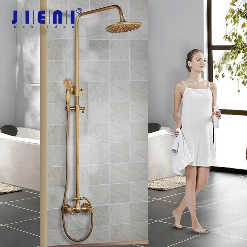 Afralia™ Antique Brass Rainfall Shower Faucet Set with 2 Functions