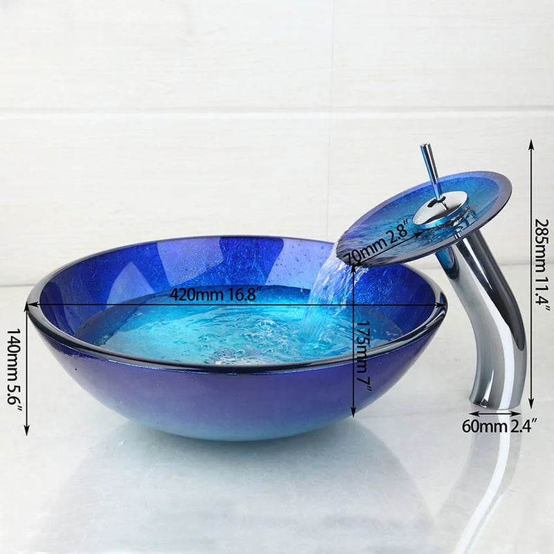 Afralia™ Blue Chrome Tall Basin Tap with Hand-Painted Glass Waterfall Sink Set