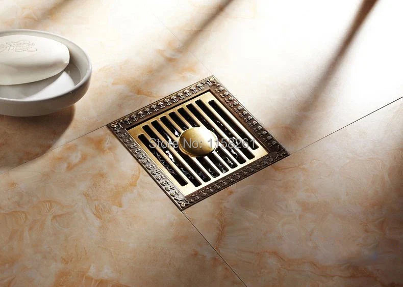 Afralia™ Antique Brass Square Shower Floor Drain Strainer Grate - HJ-8702S