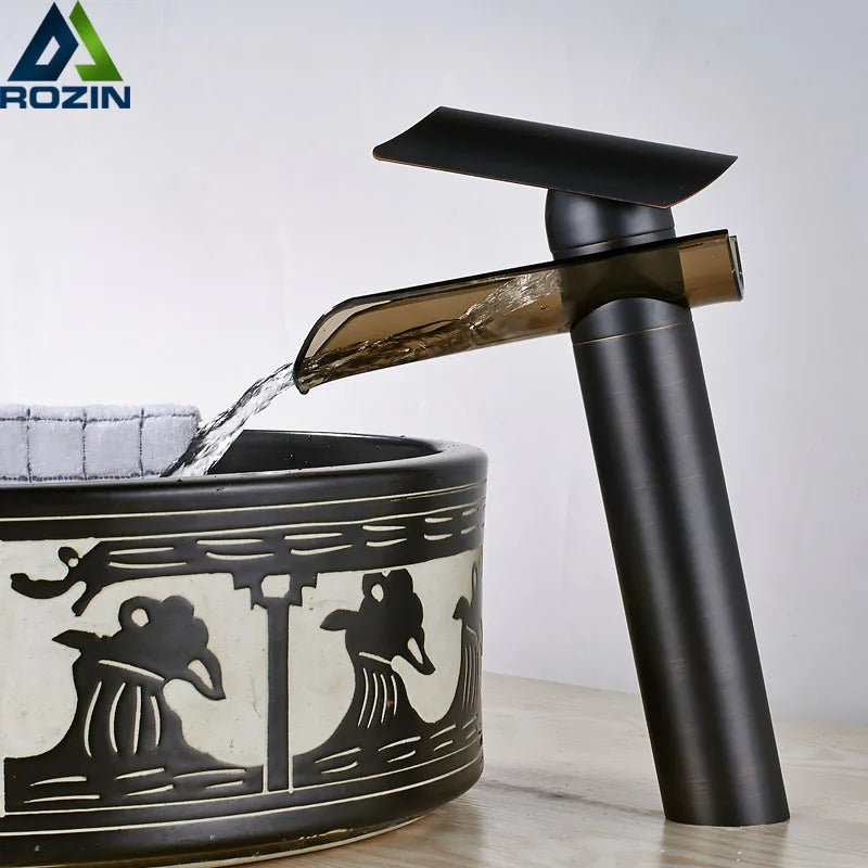 Afralia™ Black Bronze Glass Spout Waterfall Basin Mixer Tap - Deck Mounted Countertop Faucet