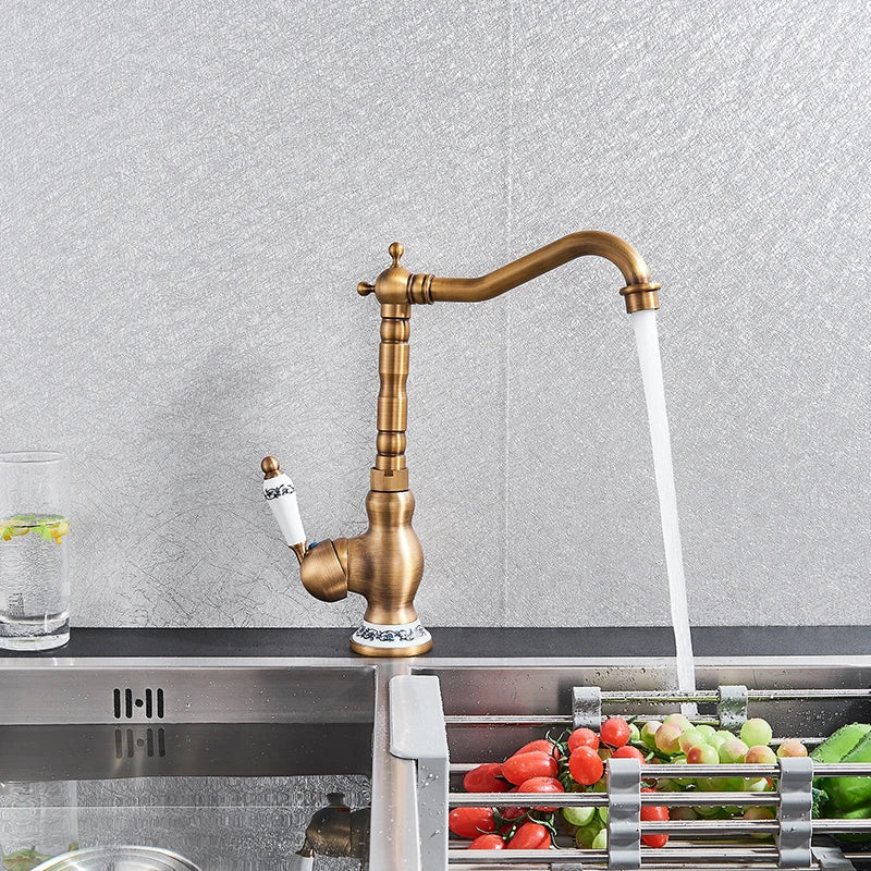 Afralia™ Antique Brass Ceramic Handle Basin Faucet, Deck Mounted Kitchen Sink Mixer Tap
