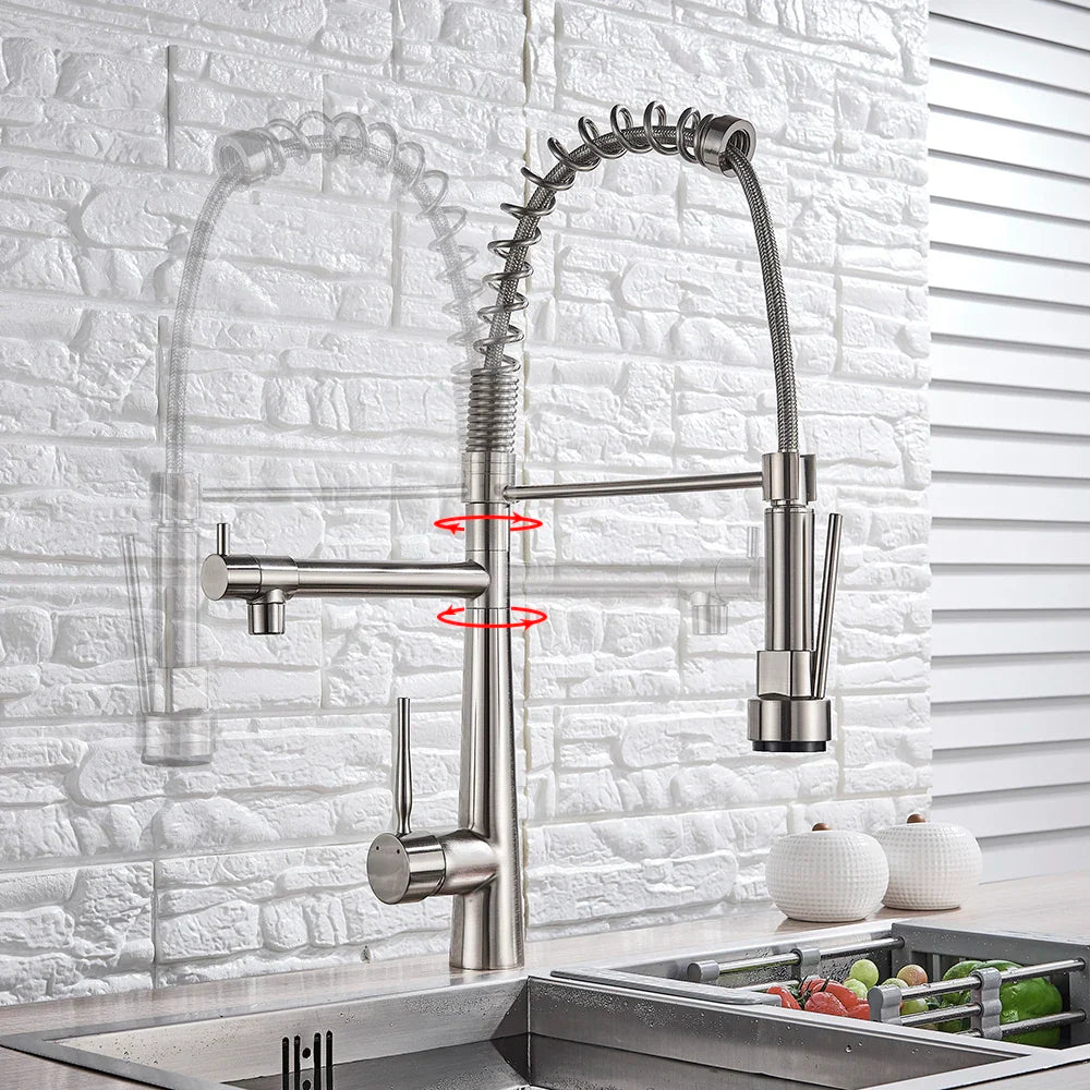 Afralia™ Spring Brass Kitchen Faucet with Pull Out Dual Spouts Dual Handle Mixer