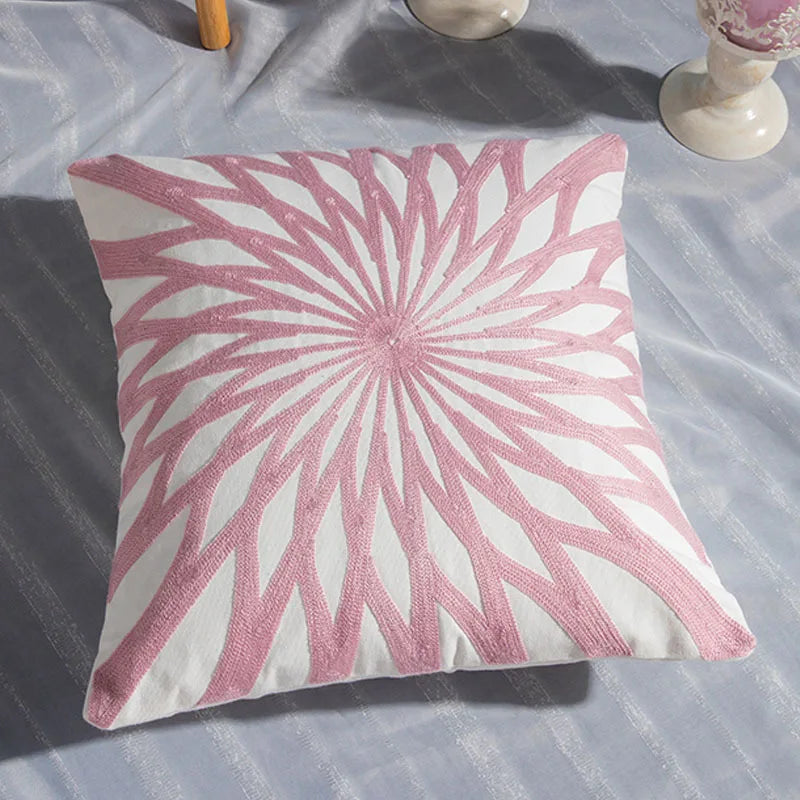 Afralia™ Pink Geometric Embroidered Cushion Cover 45x45cm Cotton Canvas Pillow Case
