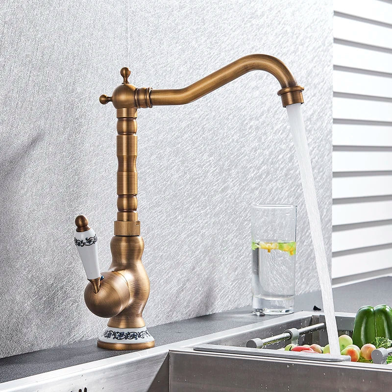 Afralia™ Antique Brass Single Handle Kitchen Sink Faucet Hot & Cold Water Mixer