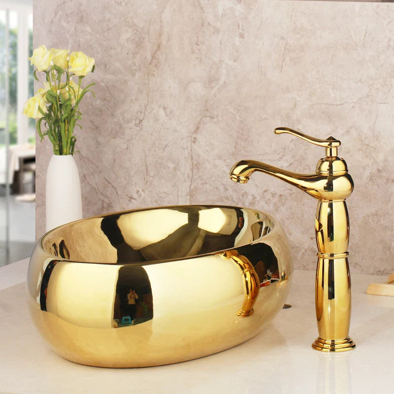 Afralia™ Golden Ceramic Washbasin and Brass Mixer Faucet Set