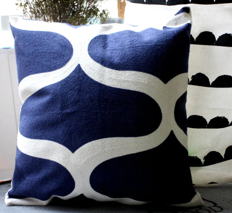 Afralia™ Blue Zigzag Geometric Embroidered Cushion Cover 45x45cm