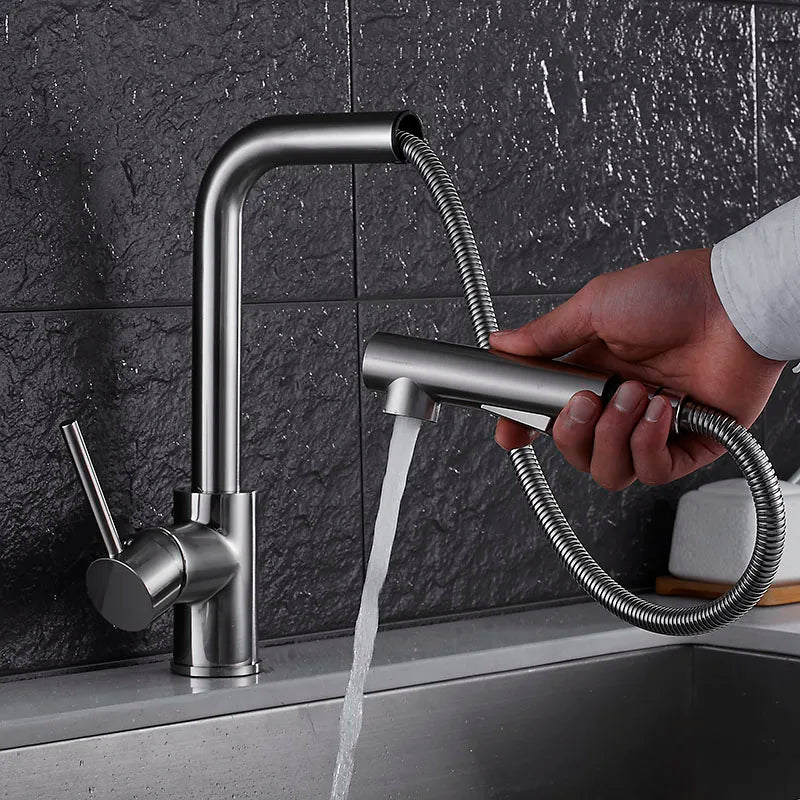 Afralia™ Brass Brushed Nickel Kitchen Faucet High Arch Swivel Pull Out Spray Mixer Tap
