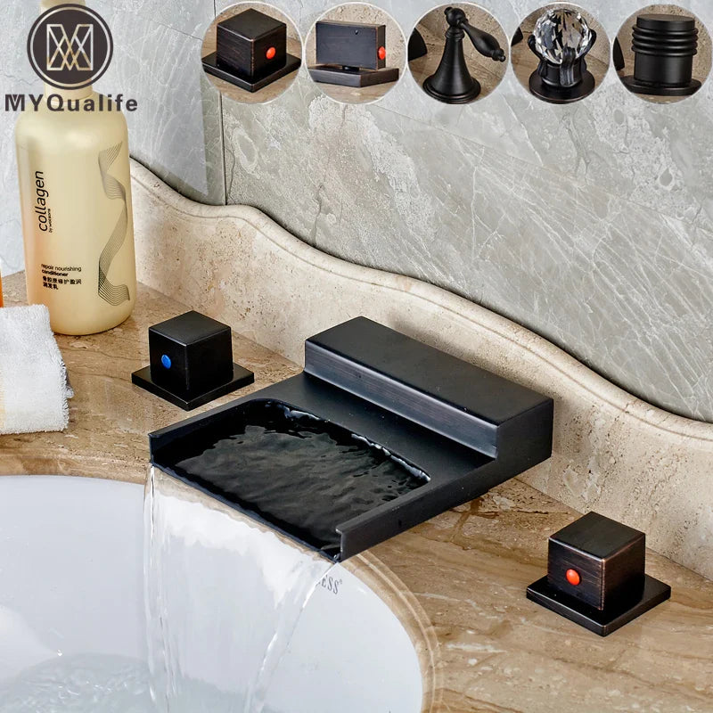 Afralia™ Black Wide Waterfall Spout Faucet Double Handle Bathroom Mixer Taps