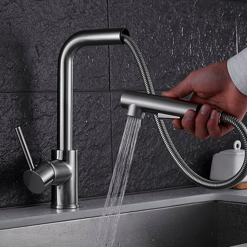 Afralia™ Brass Brushed Nickel Kitchen Faucet High Arch Swivel Pull Out Spray Mixer Tap