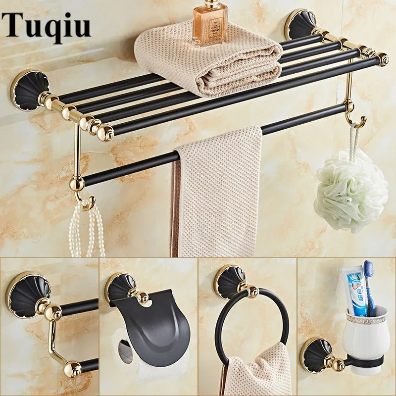 Afralia™ Gold Black Bathroom Accessories Set, Towel Bar, Toilet Brush Holder, Paper Holder