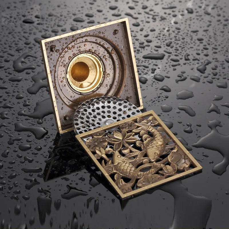 Afralia™ Antique Brass Square Fish Carved Bathroom Floor Drain Hair Strainer