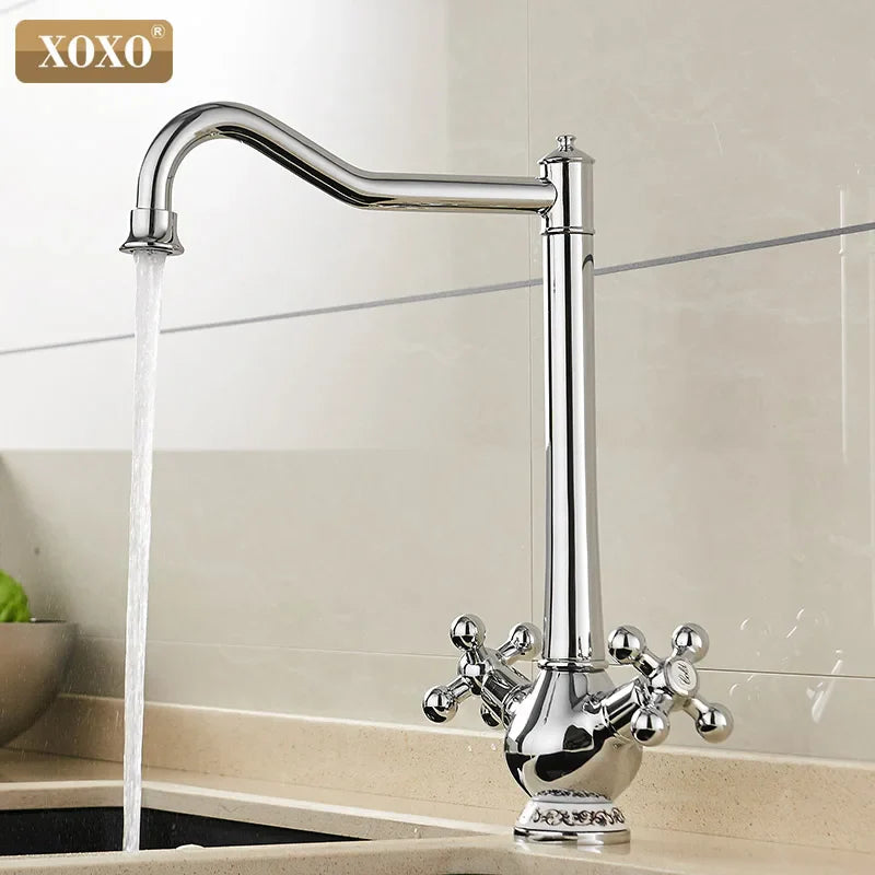 Afralia™ Chrome Double Cross Handle Kitchen Faucet with Swivel Spout