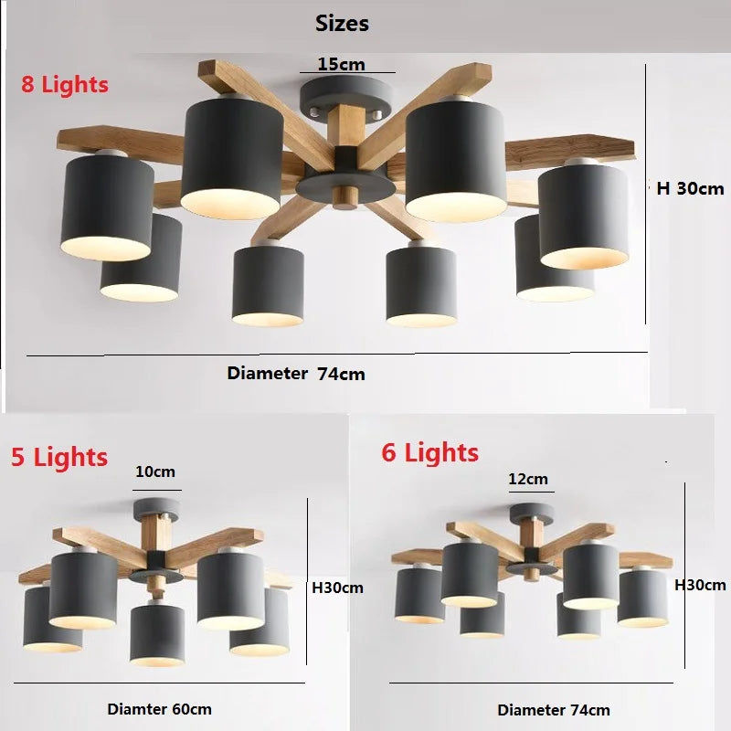 Afralia™ Nordic Wood LED Ceiling Chandelier E27 Creative Lighting Fixtures