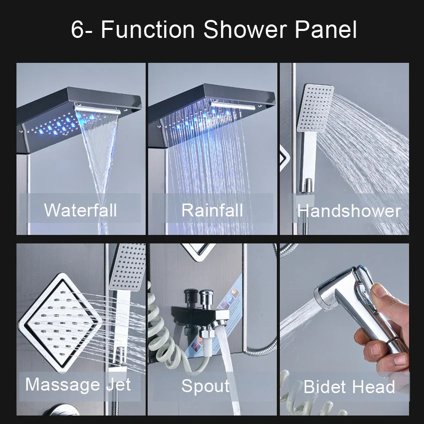 Afralia™ Black LED Shower Panel Tower with Digital Screen and Thermostatic Mixer
