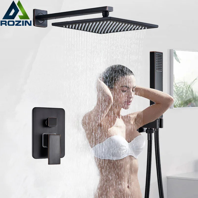 Afralia™ Black Brass Shower Faucet with 2-Way Mixer, Handshower and Rainfall Head