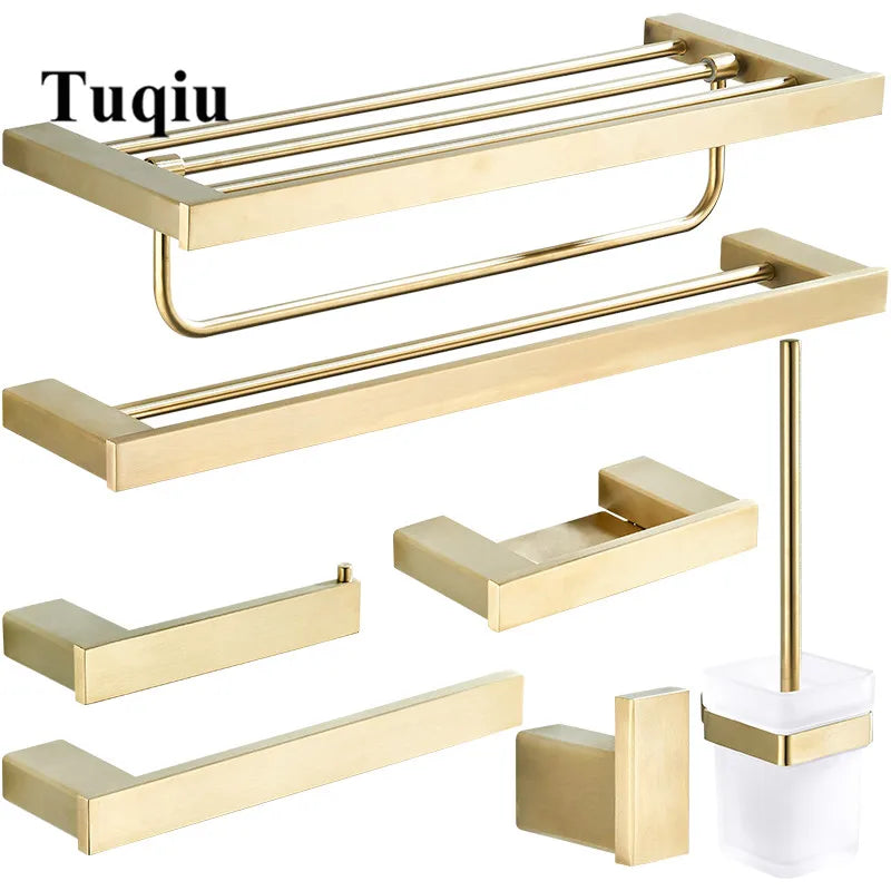 Afralia™ Bath Set: Towel Rack, Corner Shelf, Paper Holder, Mixer Faucet - Brushed Matt Gold