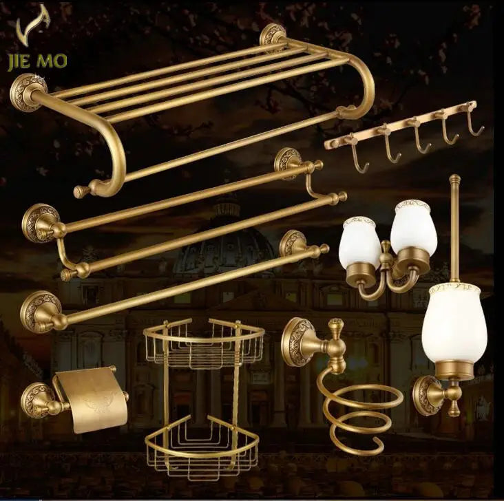Afralia™ Copper Carved Bathroom Accessories Set: Towel Shelf, Towel Bar, Paper Holder, Cloth Hook
