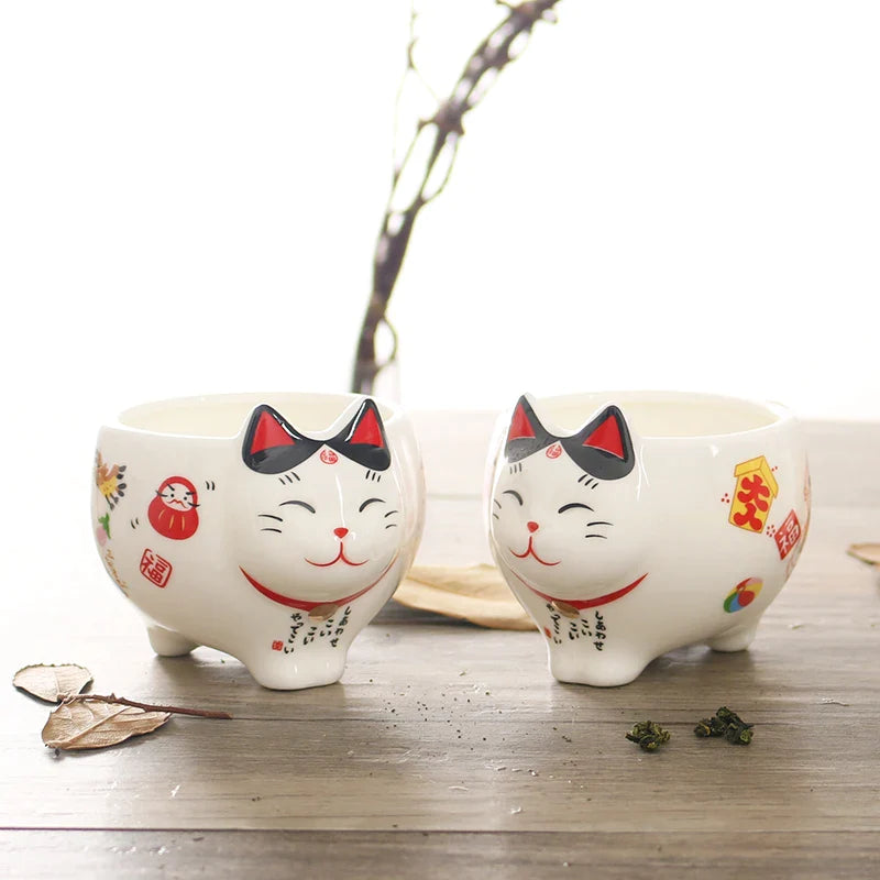 Afralia™ Lucky Cat Porcelain Tea Set: Maneki Neko Tea Cup Pot, Strainer, Plutus Cat Teapot Mug