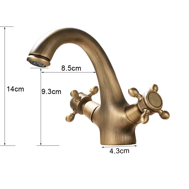 Afralia™ Antique Brass Dual Handle Basin Faucet Deck Mounted Bathroom Mixer Tap