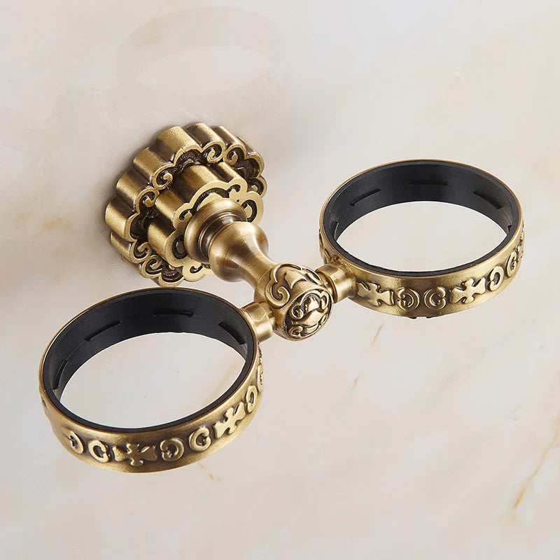 Afralia™ Brass Antique Glass Cup Holder Set Luxury Bathroom Accessories