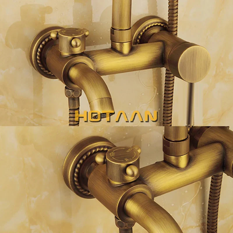 Afralia™ Antique Brass Shower Faucet Set with Rainfall Mixer Valve and Hand Shower