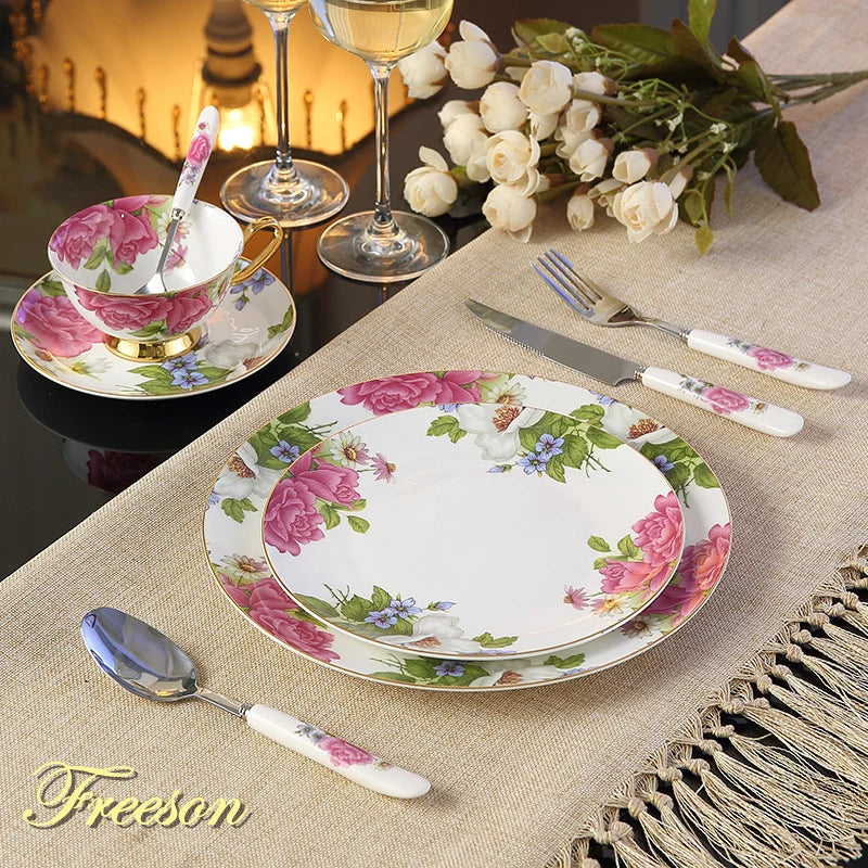 Afralia™ Royal Bone China Dinnerware Set with Cutlery - European Pastoral Style