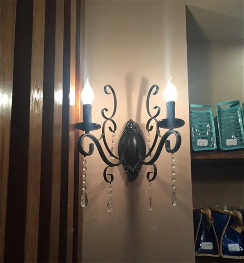 Afralia™ Black Wrought Iron Crystal Candle Wall Lamp