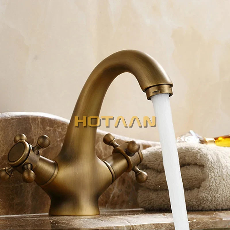 Afralia™ Antique Brass Double Handle Faucet Kitchen Bathroom Basin Mixer Robinet Antique