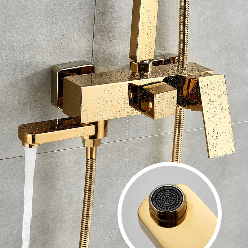 Afralia™ Luxury Gold Brass Wall Mount Shower Faucet Set with Rainfall Head