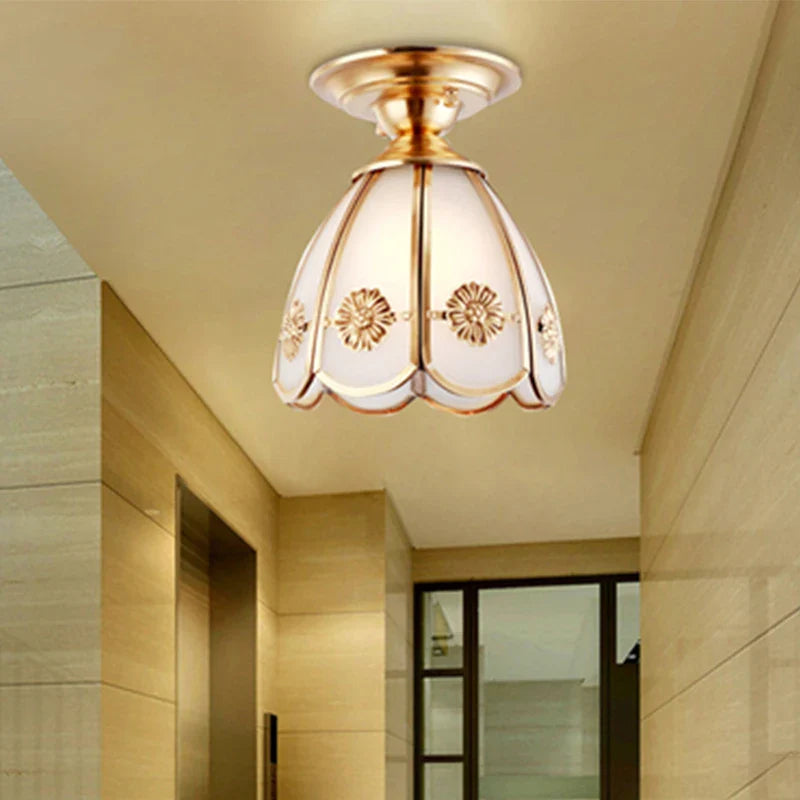 Afralia™ Luxury Copper Glass Flower Ceiling Light Fixture LED Gold Lamp