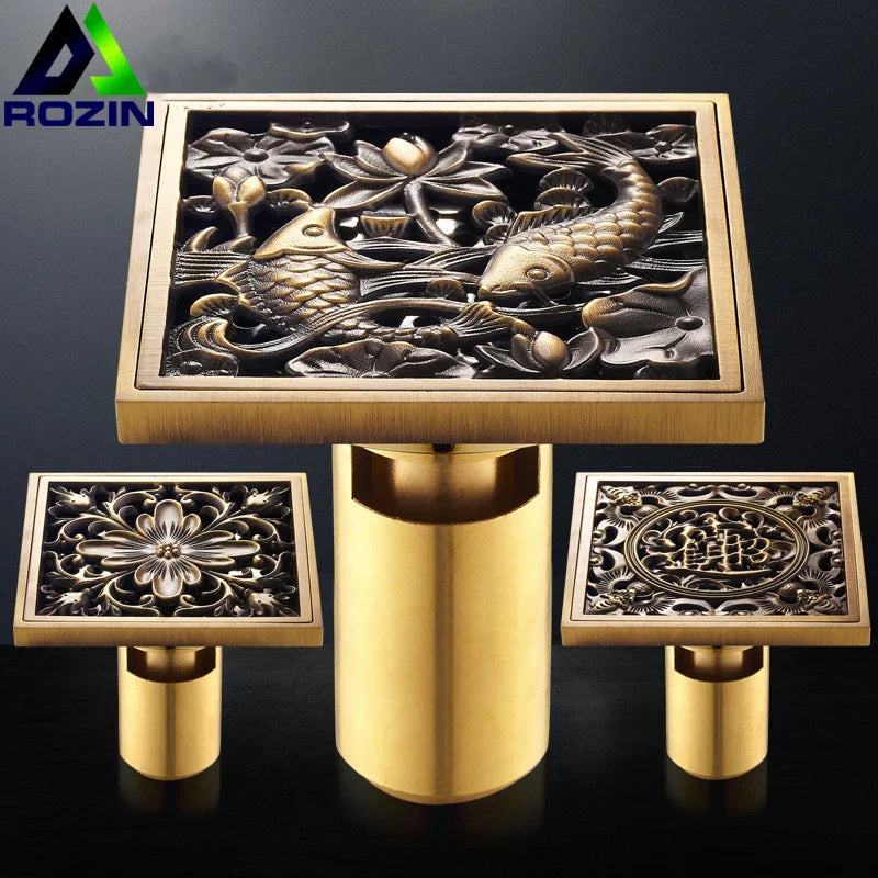 Afralia™ Antique Brass Fish Style Shower Drain 10cm Square Floor Drainer