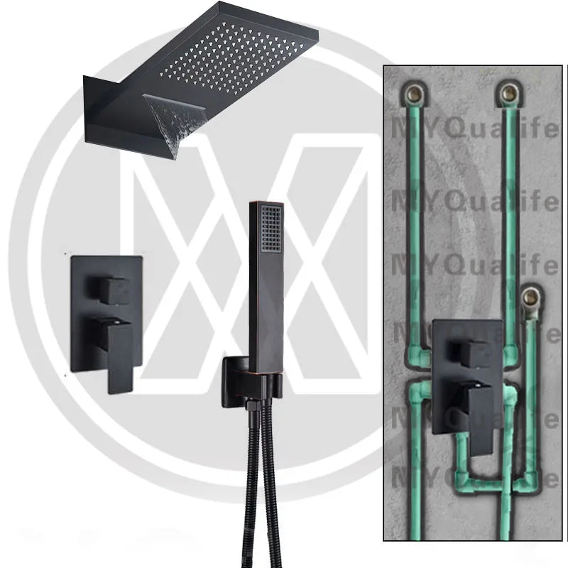 Afralia™ Matte Black Shower Mixer Faucet Set with Rainfall Waterfall Shower Head