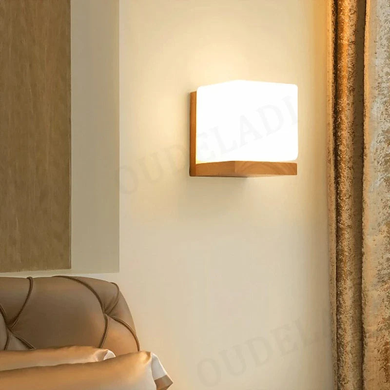 Afralia™ Nordic Wood LED Glass Wall Sconce for Modern Bedroom Hallway Decor