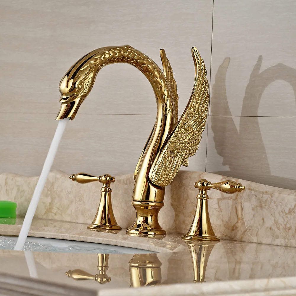 Afralia™ Swan Dual Handle Gold Basin Faucet | Widespread Bathroom Mixer Tap