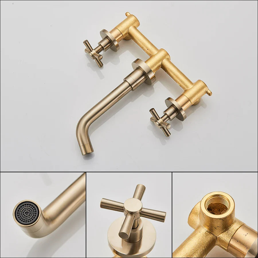 Afralia™ Golden Dual Handle Wall Mounted Basin Faucet - Rotate Spout Sink Mixers