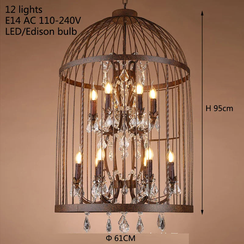 Afralia™ Retro Vintage Crystal Chandelier Wrought Iron Cage Lighting E14 220V Lamp